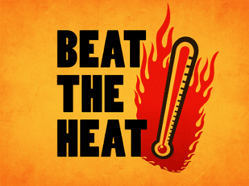 A flaming thermometer next to the words Beat the Heat mobile view
