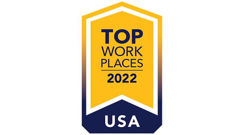 Top Workplaces 2022 in a yellow up arrow with USA under it