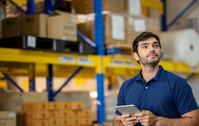 Man in blue shirt in a warehouse with tablet