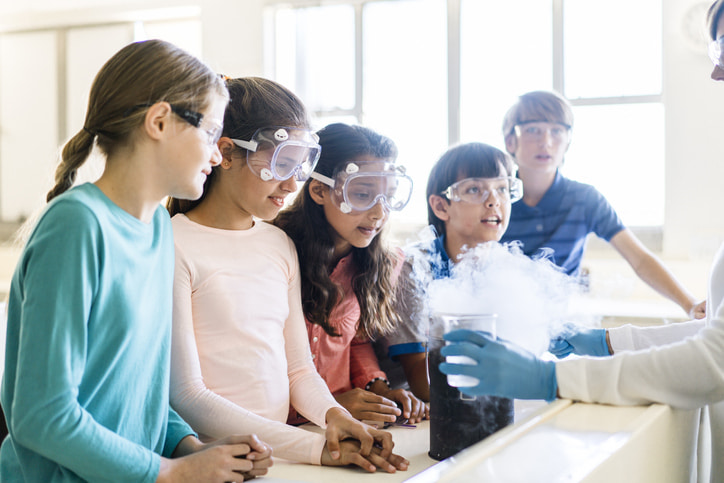 School children doing a science experiment.