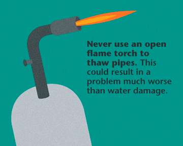 Cartoon images of a torch with warning not to use it to thaw frozen pipes